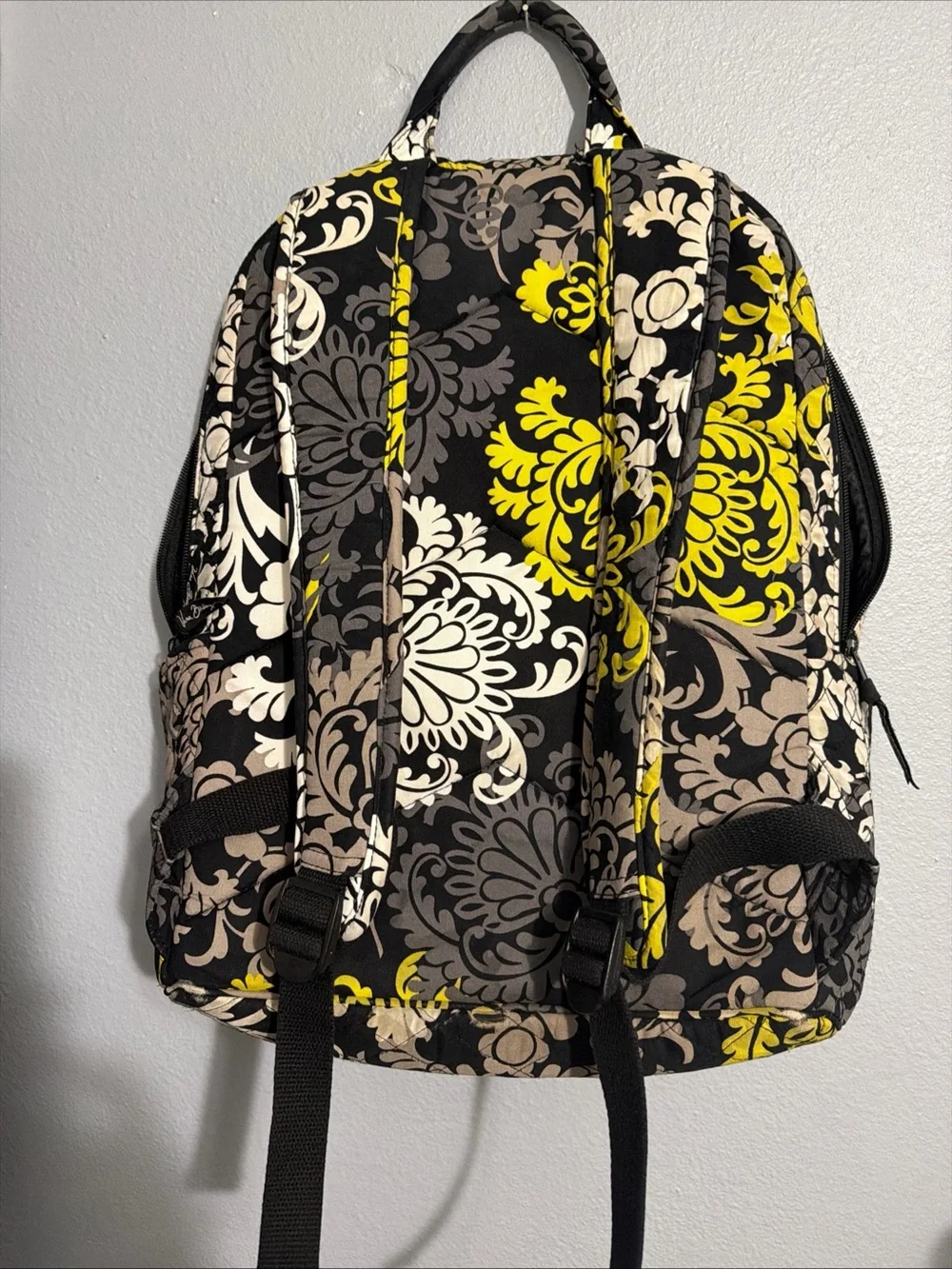 Vera Bradley Backpack Baroque Floral Black Gray Yellow Quilted Travel School Bag